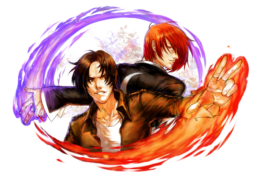 2boys bangs brown_eyes brown_hair fingerless_gloves fire gloves hair_over_one_eye highres jacket jewelry kusanagi_kyou leather leather_jacket male_focus multiple_boys parted_bangs purple_fire pyrokinesis redhead ring smile spade-m the_king_of_fighters yagami_iori
