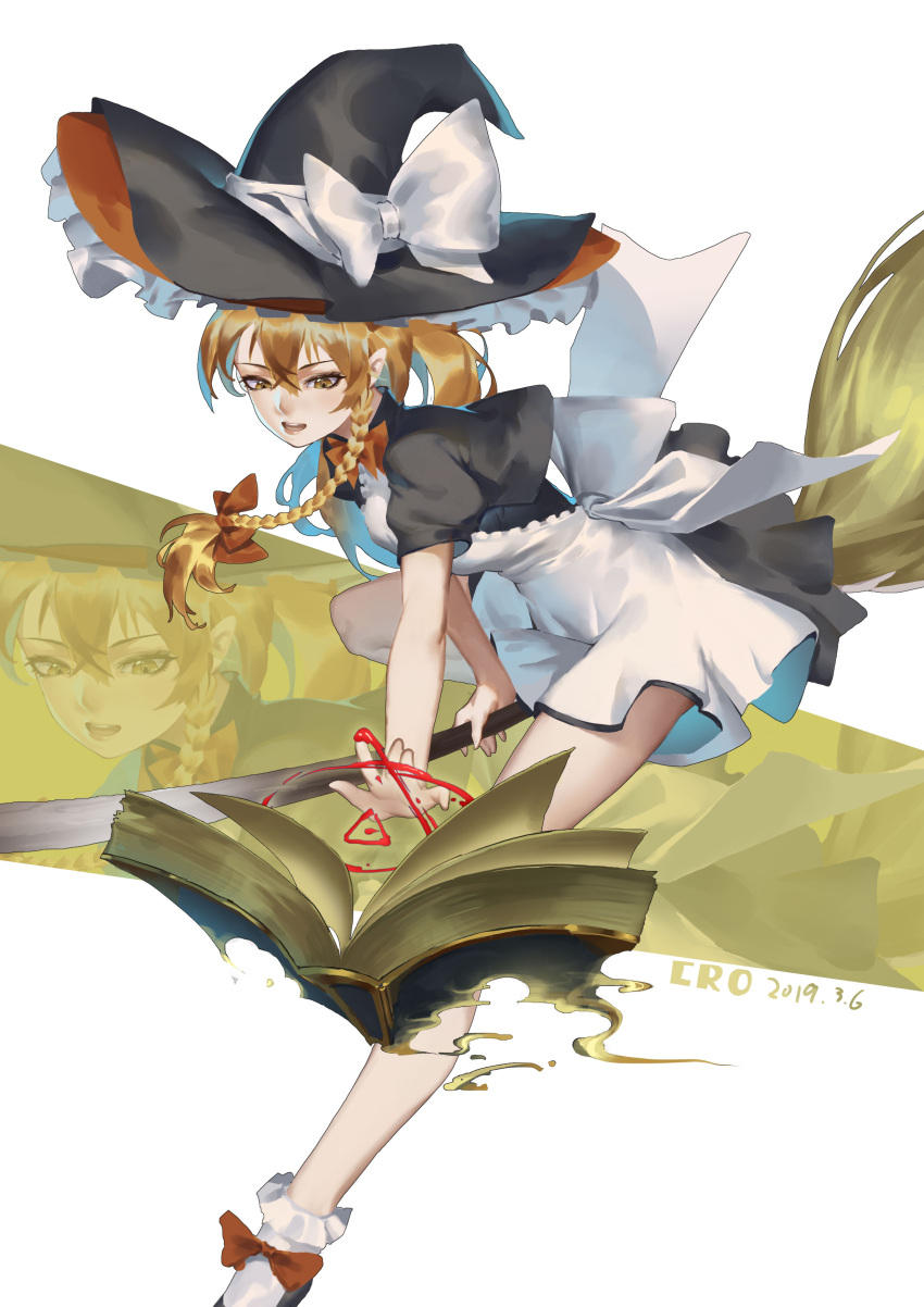 1girl absurdres artist_name black_dress black_headwear blonde_hair book bow braid broom broom_riding commentary_request cro_(artist) dated dress hair_between_eyes hat highres kirisame_marisa long_hair long_legs solo touhou white_bow witch_hat