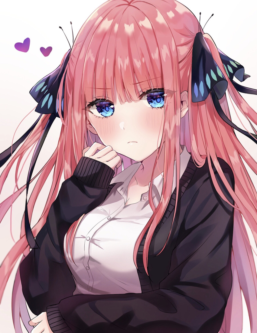 1girl bangs blue_eyes blunt_bangs blush breasts butterfly_hair_ornament cardigan closed_mouth collarbone collared_shirt eyebrows_visible_through_hair eyes_visible_through_hair go-toubun_no_hanayome hair_between_eyes hair_ornament hair_ribbon hand_up heart highres jacket long_hair long_sleeves looking_at_viewer medium_breasts nakano_nino parum39 purple_jacket redhead ribbon shirt sidelocks simple_background sleeves_past_wrists solo two_side_up upper_body white_background white_shirt
