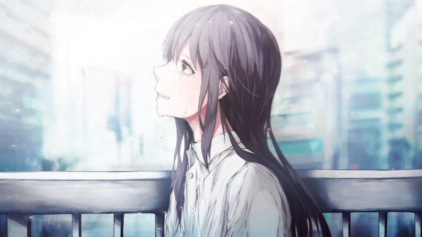 1girl absurdres black_hair blurry blurry_background building city cityscape clenched_teeth commentary_request crying crying_with_eyes_open from_side grey_eyes highres huge_filesize lliftt long_hair original parted_lips portrait profile railing shirt tears teeth white_shirt