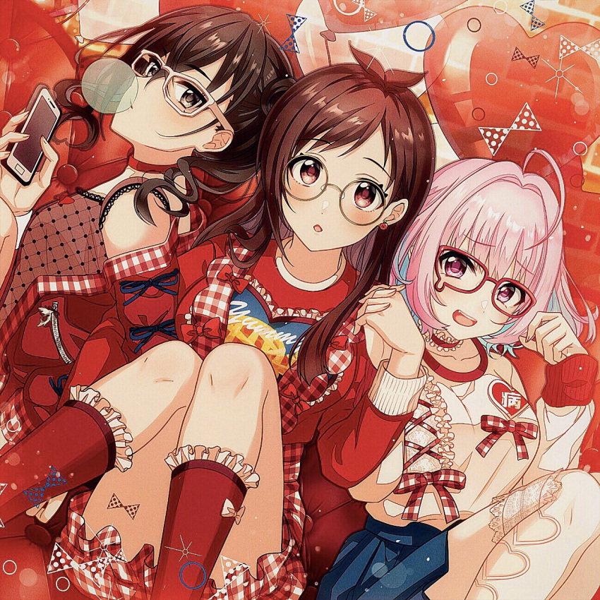 3girls ahoge balloon bangs bare_legs bare_shoulders black_hair blue_hair boots brown_eyes brown_hair bubble_blowing camisole cellphone chewing_gum choker earrings fang frilled_boots frilled_choker frills glasses hair_between_eyes hair_intakes highres holding_hands idolmaster idolmaster_cinderella_girls jacket jewelry long_hair long_sleeves looking_at_viewer migaku1783 mole mole_under_eye multicolored_hair multiple_girls open_mouth phone pink_eyes pink_hair print_shirt red-framed_eyewear red_eyes red_jacket red_shirt ribbon shirt short_hair skirt sunazuka_akira thigh-highs thighs tsujino_akari twintails two-tone_hair yumemi_riamu