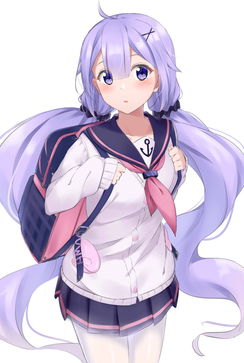 1girl absurdres ahoge anchor_symbol azur_lane backpack bag bangs black_sailor_collar black_scrunchie black_skirt blush cardigan commentary_request eyebrows_visible_through_hair hair_between_eyes hair_ornament hair_scrunchie hands_up highres holding_strap kohakope long_hair long_sleeves looking_at_viewer low_twintails neckerchief pantyhose parted_lips pink_neckwear pleated_skirt purple_hair sailor_collar school_uniform scrunchie serafuku shirt simple_background skirt sleeves_past_wrists solo twintails unicorn_(amusement_park_date)_(azur_lane) unicorn_(azur_lane) very_long_hair violet_eyes white_background white_cardigan white_legwear white_shirt x_hair_ornament