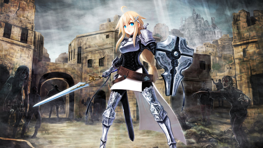 2girls 6+boys ahoge armor armored_boots belt blonde_hair blue_eyes boots breastplate castle commentary_request corset eyebrows_visible_through_hair fantasy fog gauntlets hair_ornament highres kiyukiakisasa knight long_hair multiple_boys multiple_girls original outstretched_arms rubble ruins sheath shield shoulder_armor sword thigh-highs thigh_boots torn_clothes undead unsheathed weapon zombie zombie_pose