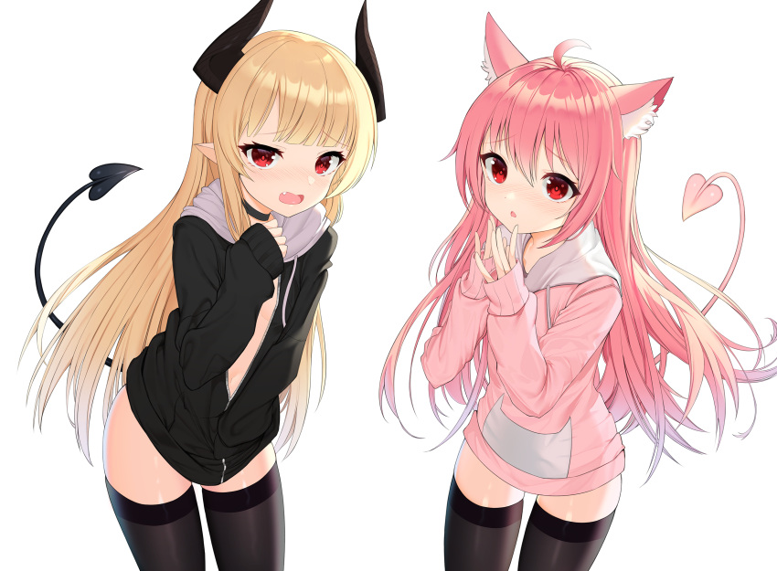 2girls ahoge animal_ear_fluff animal_ears black_choker black_jacket black_legwear blonde_hair cat_ears choker commission cowboy_shot demon_girl demon_horns demon_tail drawstring fang hand_up hands_up highres horns jacket long_hair long_sleeves looking_at_viewer multiple_girls naked_coat open_mouth original parted_lips pink_hair pink_jacket pointy_ears red_eyes sidelocks simple_background standing tail thigh-highs thighs tttanggvl very_long_hair white_background