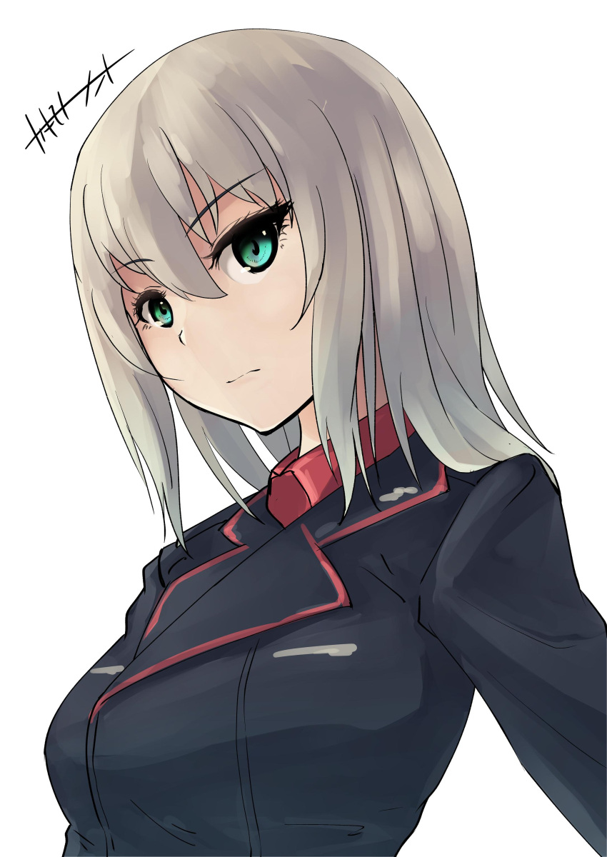 1girl absurdres artist_name bangs black_jacket blue_eyes closed_mouth commentary dress_shirt eyebrows_visible_through_hair eyelashes girls_und_panzer highres itsumi_erika jacket kakimoto_nao kuromorimine_military_uniform light_frown long_sleeves looking_at_viewer medium_hair military military_uniform red_shirt shirt signature silver_hair simple_background solo uniform upper_body white_background wing_collar