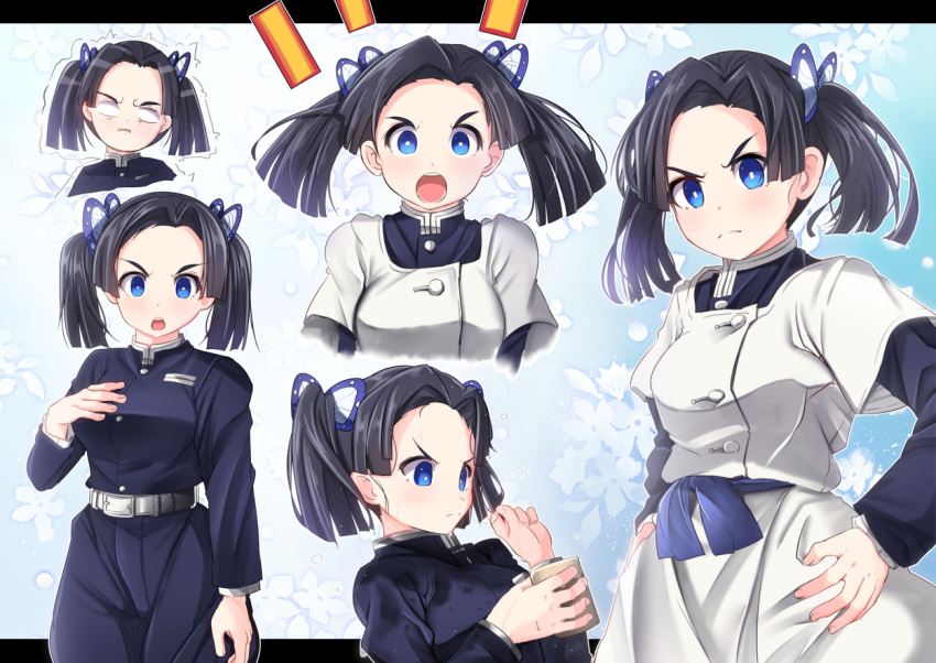 ... 1girl bangs black_hair black_jacket black_pants blue_eyes breasts butterfly_hair_ornament closed_mouth dress forehead hair_ornament hand_on_hip hand_on_own_chest hand_up holding jacket kanzaki_aoi_(kimetsu_no_yaiba) kimetsu_no_yaiba long_sleeves looking_at_viewer looking_away mad_(hazukiken) multiple_views notice_lines open_mouth pants parted_bangs short_over_long_sleeves short_sleeves small_breasts trembling twintails v-shaped_eyebrows white_dress