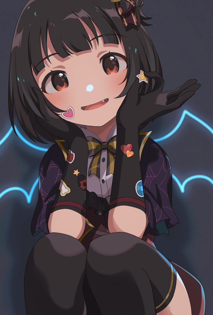 1girl bangs black_gloves black_hair black_legwear blush brown_eyes commentary_request dot_nose eyebrows_visible_through_hair fang gloves hair_ornament heart heart_stickers highres idolmaster idolmaster_million_live! idolmaster_million_live!_theater_days looking_at_viewer naijow nakatani_iku open_mouth short_hair smile solo star sticker thigh-highs