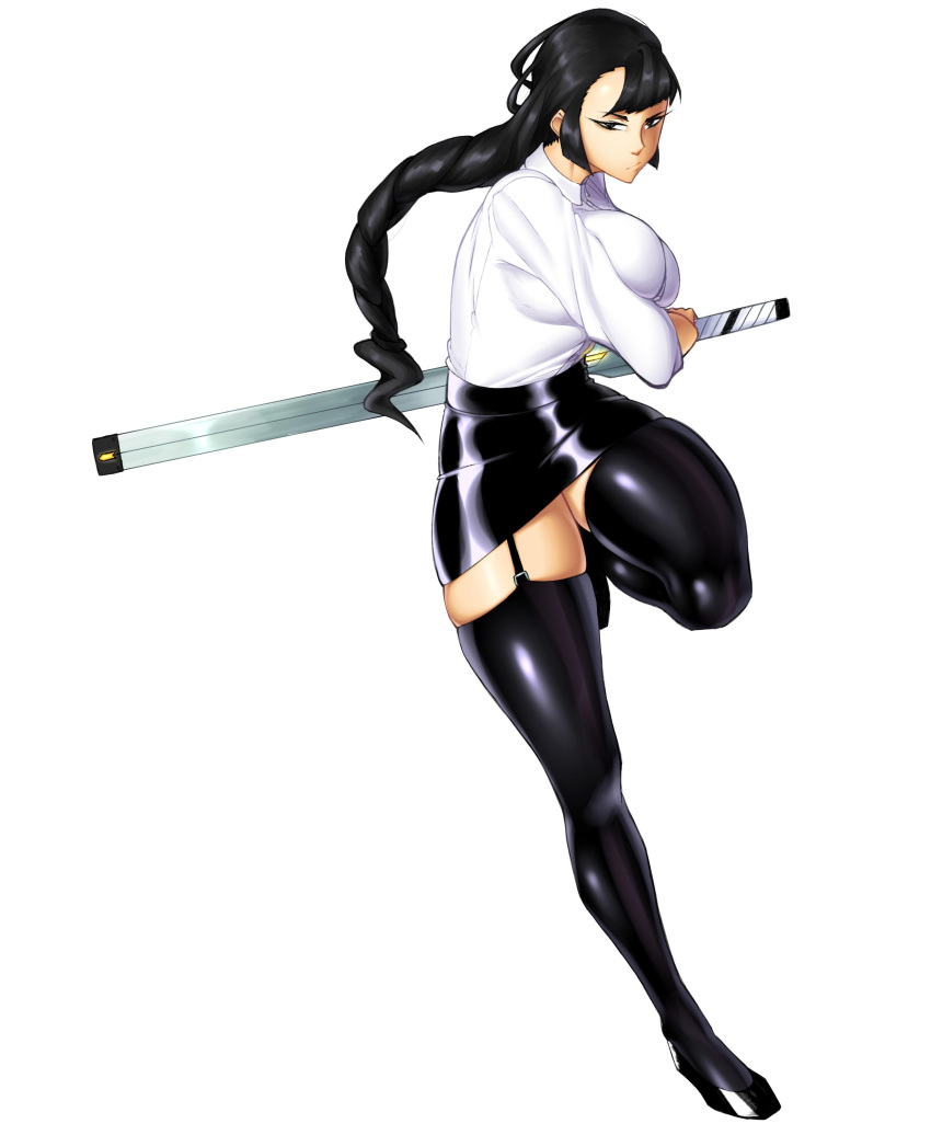 1girl absurdres black_eyes black_footwear black_hair black_legwear braid breasts commentary english_commentary fighting_stance full_body garter_straps hand_on_hilt highres hoa_(lyuka) huge_breasts long_braid long_hair low-tied_long_hair lyuka original pencil_skirt revision serious shiny shiny_clothes shirt sidelocks single_braid skindentation skirt solo sword thick_thighs thigh-highs thighs weapon white_background white_shirt zettai_ryouiki