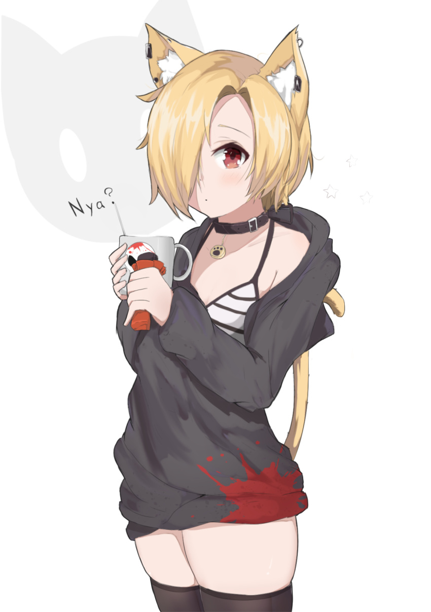 1girl animal_ear_fluff animal_ears bikini bikini_top black_hoodie black_legwear blonde_hair blood blood_stain blush cat_ears cat_girl cat_tail collar cup ear_piercing earrings hair_over_one_eye highres holding hood hood_down hoodie idolmaster idolmaster_cinderella_girls jewelry kemonomimi_mode long_sleeves looking_at_viewer mug off_shoulder piercing red_eyes shirasaka_koume short_hair skindentation soveno star striped striped_bikini swimsuit tail thigh-highs white_background