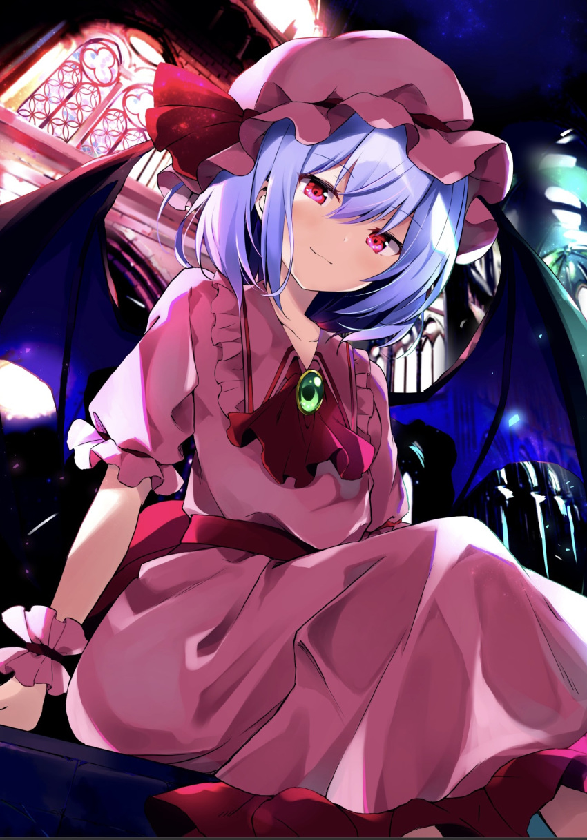 1girl arm_support ascot backlighting bat_wings brooch closed_mouth collarbone dress frilled_dress frills hat highres hyurasan indoors jewelry lavender_hair long_dress looking_at_viewer mob_cap pink_dress pink_headwear red_eyes red_ribbon remilia_scarlet ribbon short_hair sidelocks sitting smile solo stained_glass touhou wing_collar wings wrist_cuffs