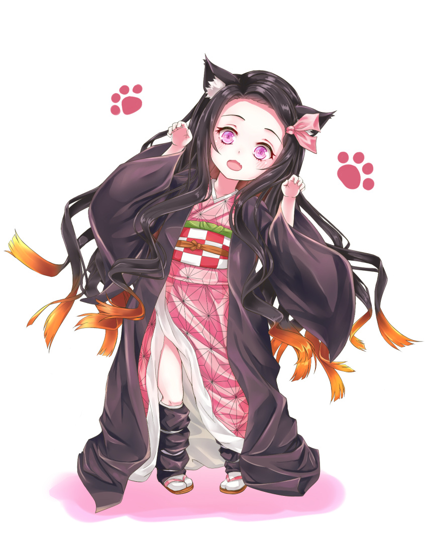 1girl animal_ears black_hair brown_hair cat_ears commentary forehead hair_ribbon highres japanese_clothes kamado_nezuko kimetsu_no_yaiba kimono long_hair long_sleeves looking_at_viewer multicolored_hair n15e pink_eyes pink_kimono pink_ribbon ribbon simple_background solo two-tone_hair very_long_hair white_background younger