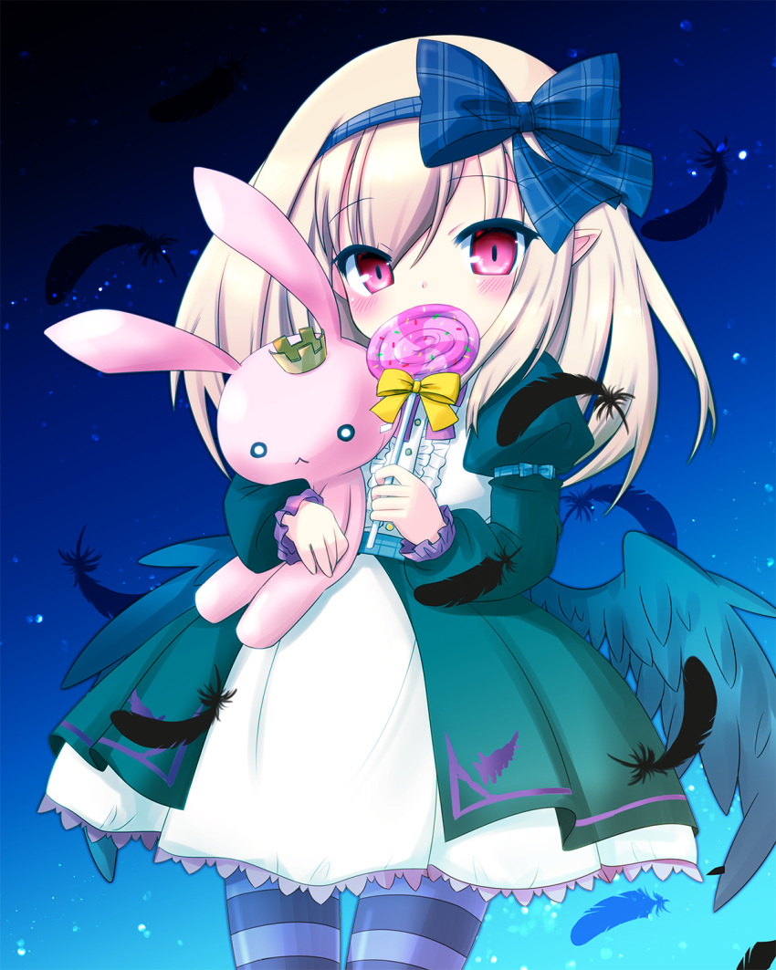 1girl akino_sakura blonde_hair blue_legwear blue_ribbon blush candy commentary_request contrapposto covering_mouth crown dark_feather_alma dress emil_chronicle_online feathered_wings feathers food hair_ribbon highres holding holding_stuffed_animal horizontal_stripes juliet_sleeves layered_dress lollipop long_sleeves looking_at_viewer mini_crown night outdoors pantyhose pink_eyes plaid plaid_ribbon pointy_ears puffy_sleeves ribbon sky solo star_(sky) starry_sky striped striped_legwear stuffed_animal stuffed_bunny stuffed_toy swirl_lollipop wings