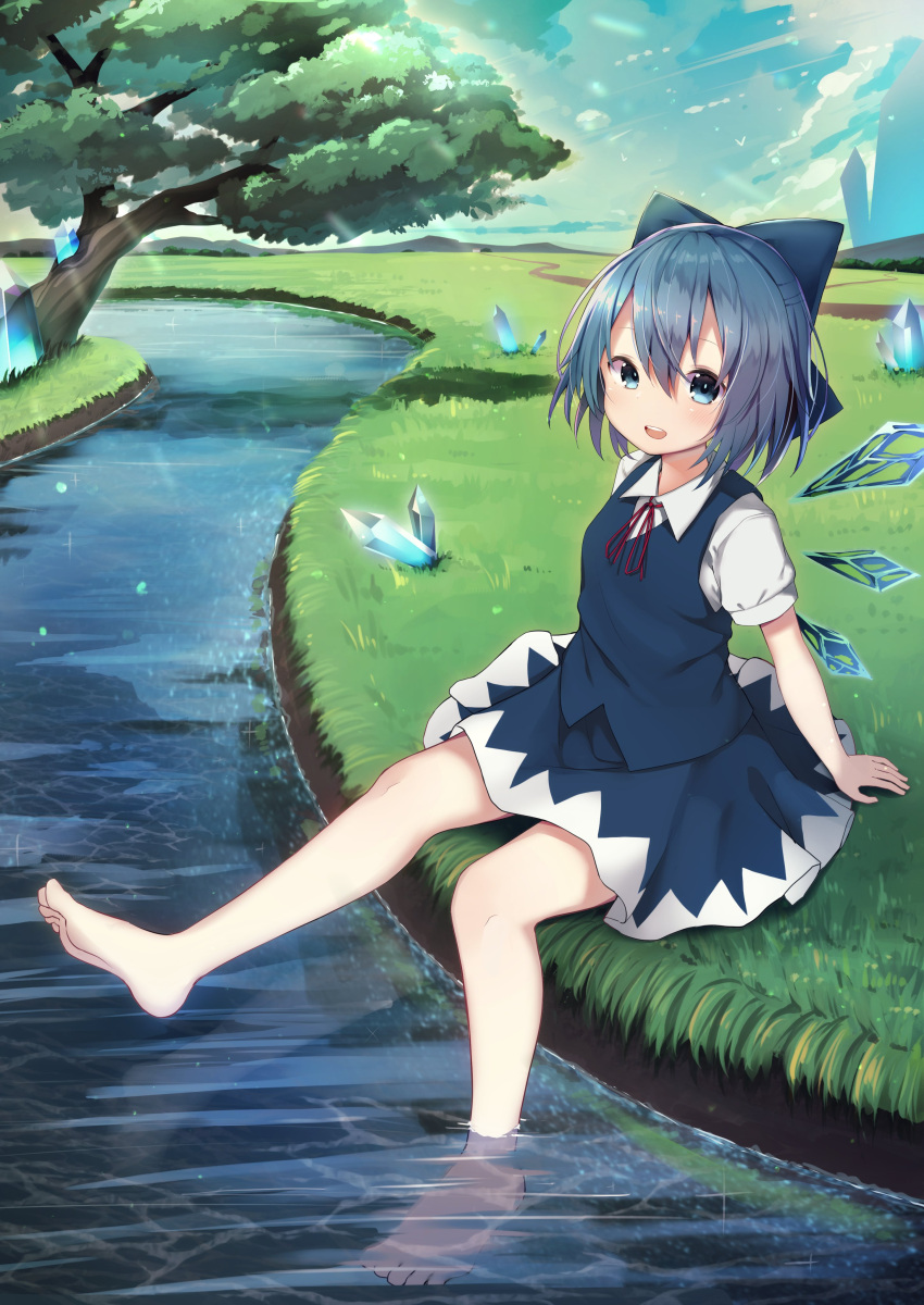 1girl absurdres arm_support barefoot blue_dress blue_eyes blue_hair bow cirno crystal dress fairy_wings hair_between_eyes hair_bow highres ice ice_wings looking_at_viewer mamemochi open_mouth outdoors river short_hair short_sleeves sitting soaking_feet solo touhou tree upper_teeth wings