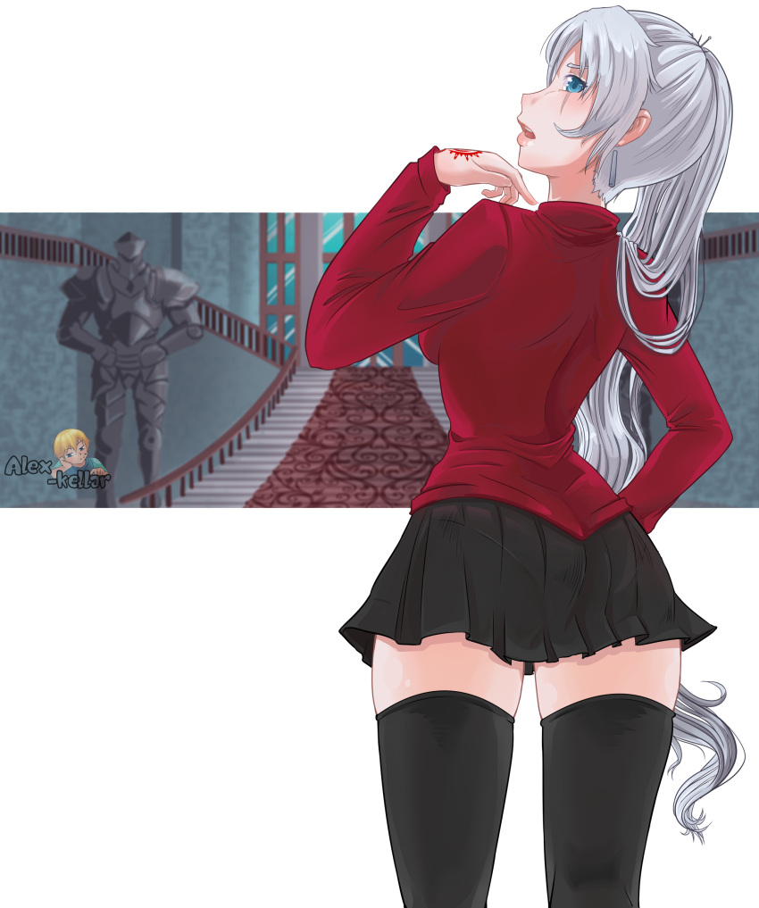 1girl absurdres alex_kellar black_legwear black_skirt blue_eyes commentary earrings english_commentary fate/stay_night fate_(series) highres jewelry long_hair pleated_skirt ponytail rooster_teeth rwby scar scar_across_eye side_ponytail skirt sweater thigh-highs tiara tohsaka_rin tohsaka_rin_(cosplay) toosaka_rin toosaka_rin_(cosplay) transparent_background type-moon ufotable weiss_schnee white_hair zettai_ryouiki