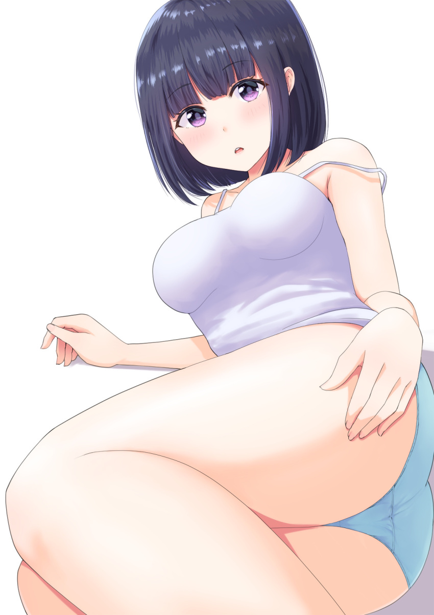 1girl :o arm_support ass bangs bare_shoulders black_hair blue_panties blunt_bangs blush bob_cut breasts camisole collarbone crotch_seam eyebrows_visible_through_hair furutori hand_on_own_thigh highres legs_together looking_at_viewer medium_breasts original panties reclining simple_background sleeveless solo strap_slip twisted_torso underwear violet_eyes