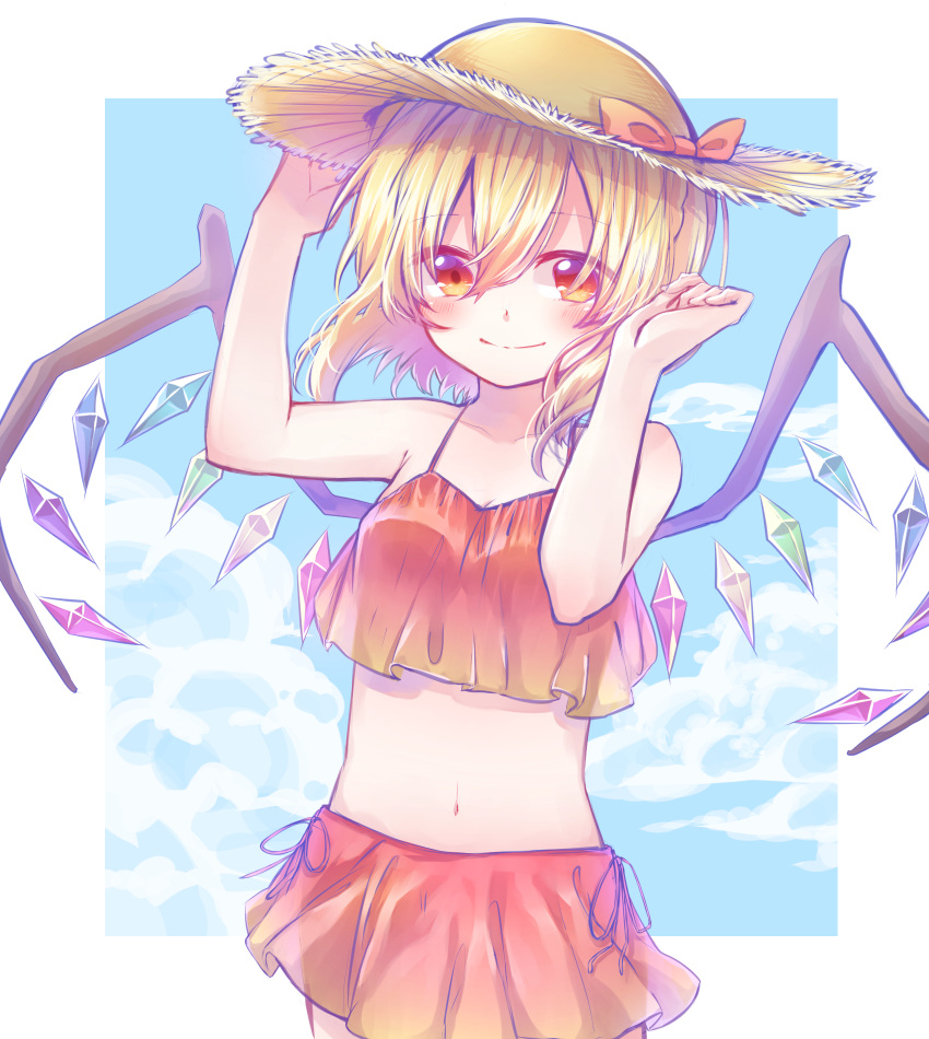 1girl alternate_costume attyuntyun915 blonde_hair clouds commentary_request crystal flandre_scarlet hat hat_ribbon highres red_eyes red_ribbon red_swimsuit ribbon short_hair sky smile solo straw_hat swimsuit touhou wings