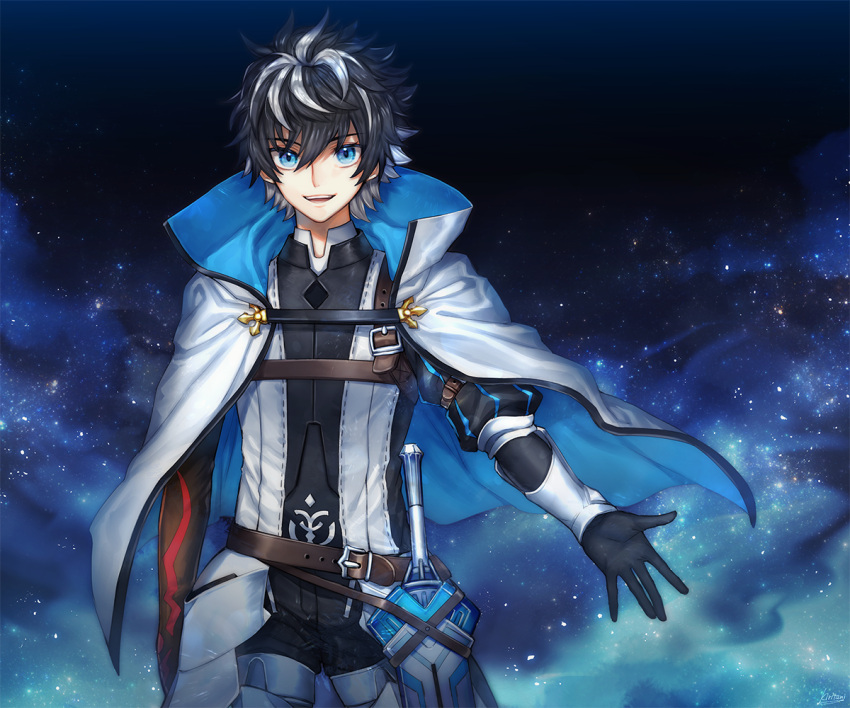 1boy :d armor belt black_gloves black_hair blue_eyes buckle cape charlemagne_(fate) cowboy_shot fate/extella fate/extella_link fate/extra fate_(series) gloves kiritani846 looking_at_viewer male_focus messy_hair multicolored_hair open_mouth popped_collar sky smile solo standing star_(sky) starry_sky sword two-tone_hair weapon white_cape white_hair
