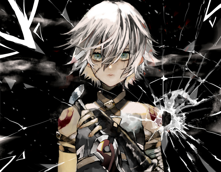 1girl bandaged_arm bandages bangs bare_shoulders commentary_request facial_scar fate/grand_order fate_(series) gloves green_eyes hair_between_eyes highres jack_the_ripper_(fate/apocrypha) looking_at_viewer parted_lips scar scar_across_eye short_hair silver_hair solo user_fpwd2732