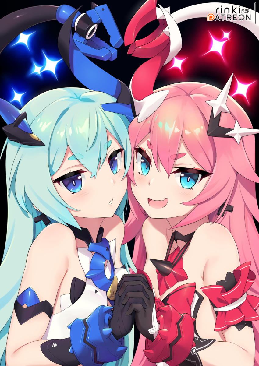 2girls :d aqua_hair bangs bare_shoulders black_background black_gloves blue_eyes commentary dress eyebrows_visible_through_hair fang gloves hair_between_eyes hair_ornament highres holding_hands honkai_(series) honkai_impact_3rd interlocked_fingers liliya_olyenyey lo_xueming long_hair multiple_girls open_mouth parted_lips pink_hair rozaliya_olyenyey short_eyebrows simple_background sleeveless sleeveless_dress smile sparkle tail tail_raised thick_eyebrows upper_body watermark white_dress