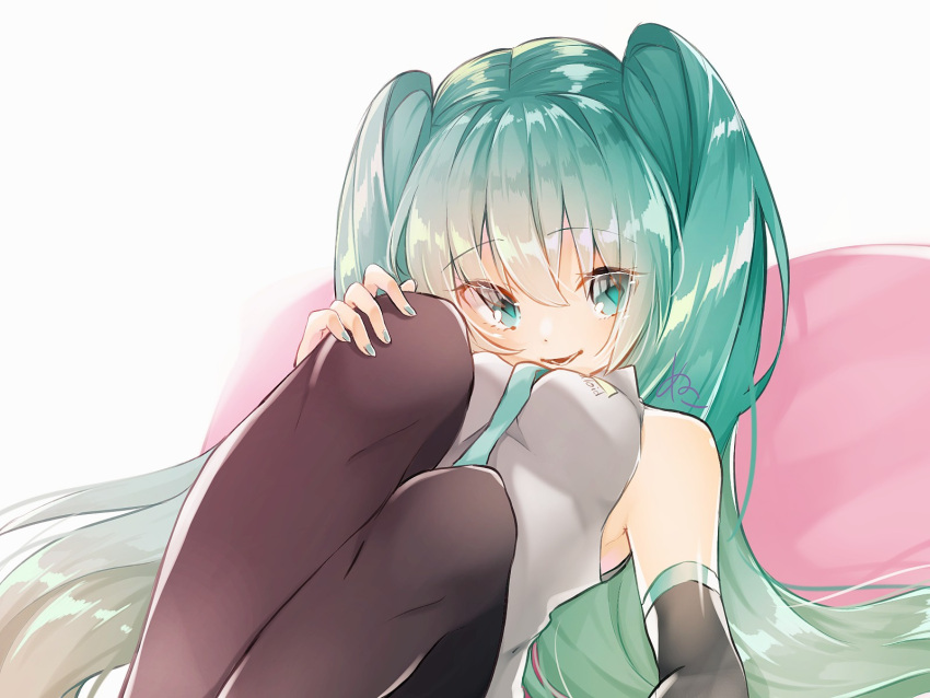 1girl aqua_eyes aqua_hair aqua_nails aqua_neckwear bangs bare_shoulders black_legwear black_sleeves breasts commentary detached_sleeves diamond_(shape) grey_shirt hand_on_own_knee hatsune_miku heart heart_pillow highres knees_up leaning_back long_hair looking_at_viewer lying nail_polish necktie nuko_0108 on_back parted_lips pillow shirt signature sleeveless sleeveless_shirt small_breasts smile solo symbol-shaped_pupils thigh-highs twintails under_boob very_long_hair vocaloid