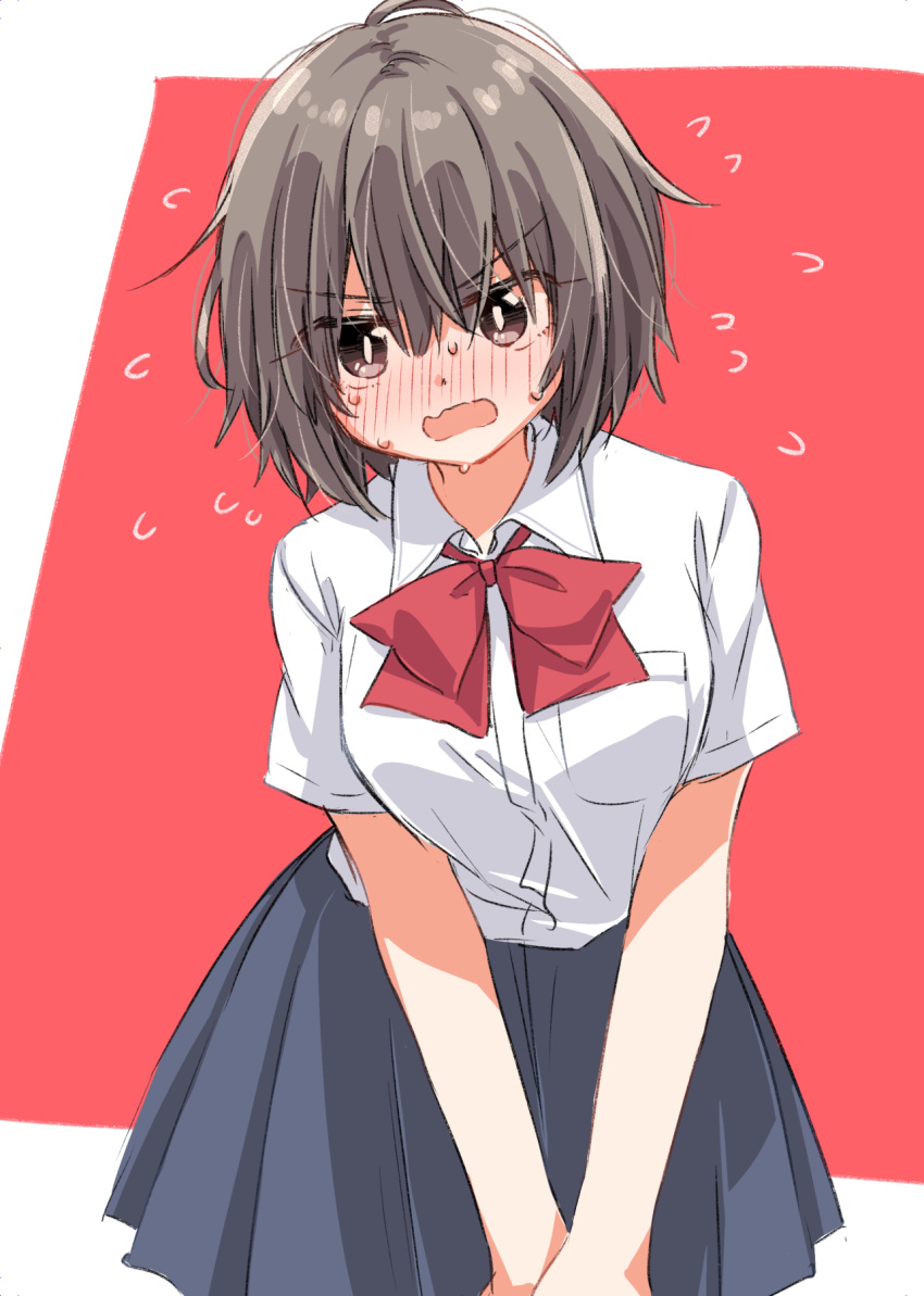 1girl blush bow bowtie brown_hair embarrassed eyebrows_visible_through_hair hair_between_eyes highres looking_at_viewer matsuda_hikari original pleated_skirt red_background red_neckwear school_uniform short_hair simple_background skirt solo sweat upper_body wavy_mouth