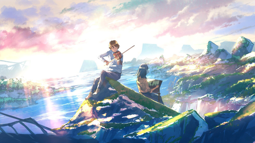 1boy 1girl backlighting barefoot black_hair black_skirt bow_(weapon) brown_hair brown_shirt canvas_(object) closed_eyes closed_mouth clouds cloudy_sky day dress_shirt dutch_angle facing_away formal goroku grass grey_pants highres holding holding_instrument holding_paintbrush instrument light_rays light_smile long_skirt long_sleeves mountain nature original outdoors paintbrush painting_(object) pants rock scenery shirt short_hair silhouette sitting sitting_on_rock skirt sky sleeves_rolled_up smile sunlight u_u violin water weapon white_shirt wide_shot