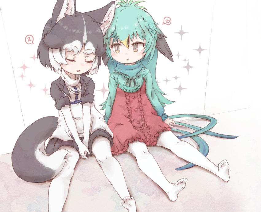 2girls animal_ears bird_tail bird_wings black_hair black_jacket black_skirt blonde_hair closed_eyes commentary_request dog_(mixed_breed)_(kemono_friends) dog_ears dog_tail dress eyebrows_visible_through_hair fur_trim green_dress green_hair harness head_wings heart highres jacket kemono_friends kolshica long_hair long_sleeves looking_at_another multicolored_hair multiple_girls no_shoes pantyhose pleated_skirt red_dress resplendent_quetzal_(kemono_friends) scarf short_hair short_sleeves sitting skirt sleeveless spoken_heart spoken_zzz tail two-tone_dress vest white_hair white_legwear white_vest wings yellow_eyes zzz