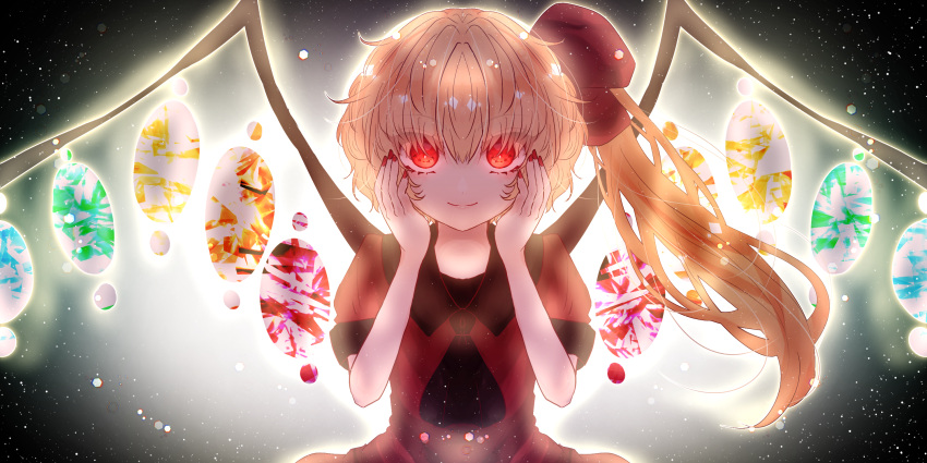 1girl alternate_costume aura black_background black_neckwear blonde_hair commentary_request cravat dress eyebrows_visible_through_hair flandre_scarlet glowing glowing_eyes gradient gradient_background hair_between_eyes hair_over_eyes hair_ribbon hamuyama_(3sunus) hands_on_own_face highres light_particles looking_at_viewer nail_polish no_hat no_headwear red_dress red_eyes red_nails ribbon short_hair short_sleeves side_ponytail sleeve_cuffs smile solo standing touhou upper_body wings