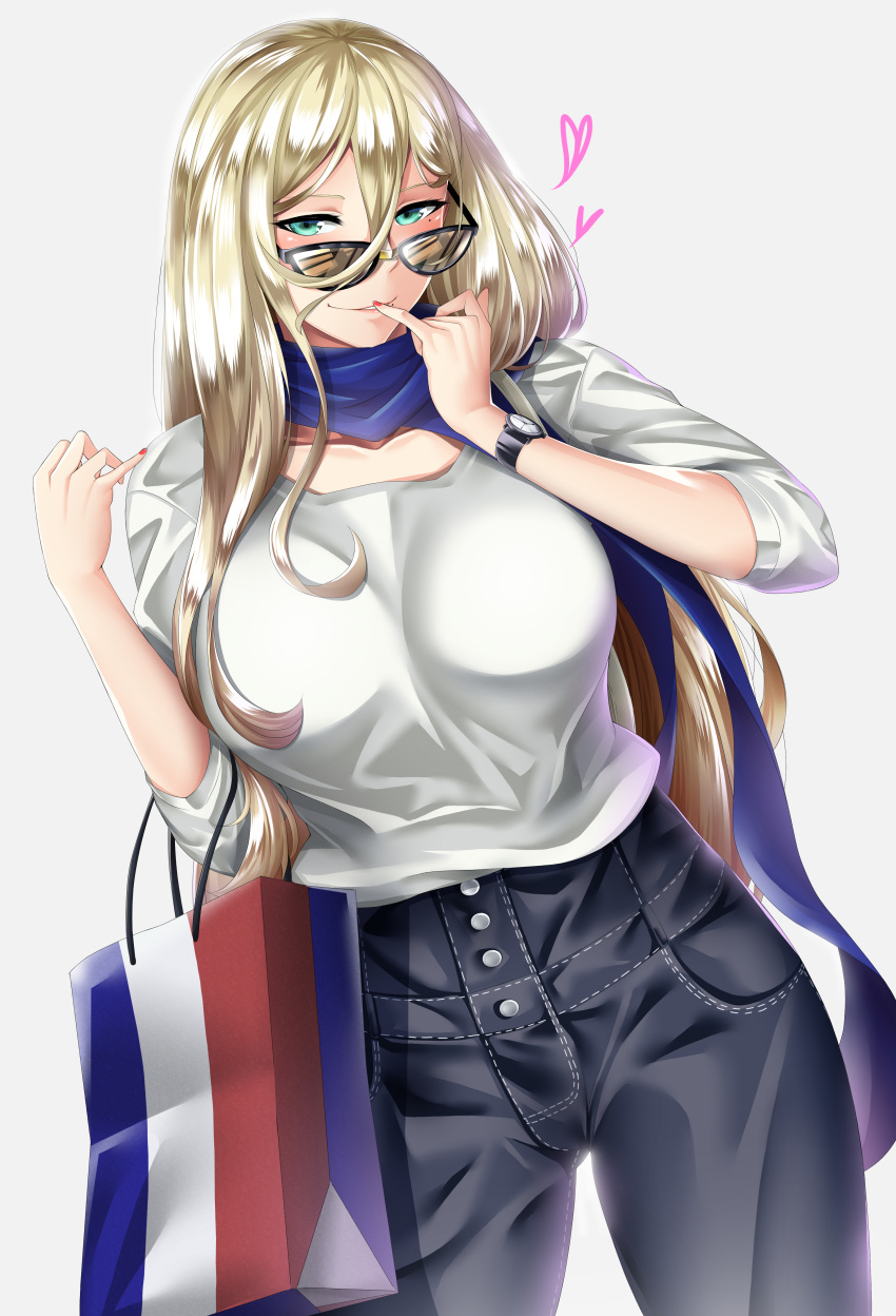 1girl absurdres aqua_eyes bag blonde_hair blue_scarf breasts commentary_request cowboy_shot dutch_angle french_flag gradient gradient_background hair_between_eyes high-waist_pants highres kantai_collection large_breasts long_hair mole mole_under_eye mole_under_mouth obei_teitoku pants red_nails richelieu_(kantai_collection) scarf shirt shopping_bag smile solo sunglasses watch white_shirt