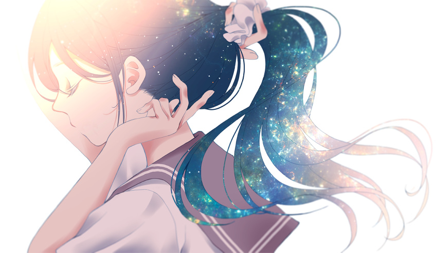 1girl adjusting_hair arms_behind_head backlighting black_hair black_sailor_collar bloom close-up closed_eyes closed_mouth expressionless eyelashes face fingernails floating_hair from_side galaxy hair_tie hand_in_hair hands_up highres light long_hair nape nebula night night_sky original ponytail profile sailor_collar school_uniform scrunchie sheepd shirt short_sleeves simple_background sky solo star_(sky) starry_sky tying_hair uniform upper_body white_background white_scrunchie white_shirt