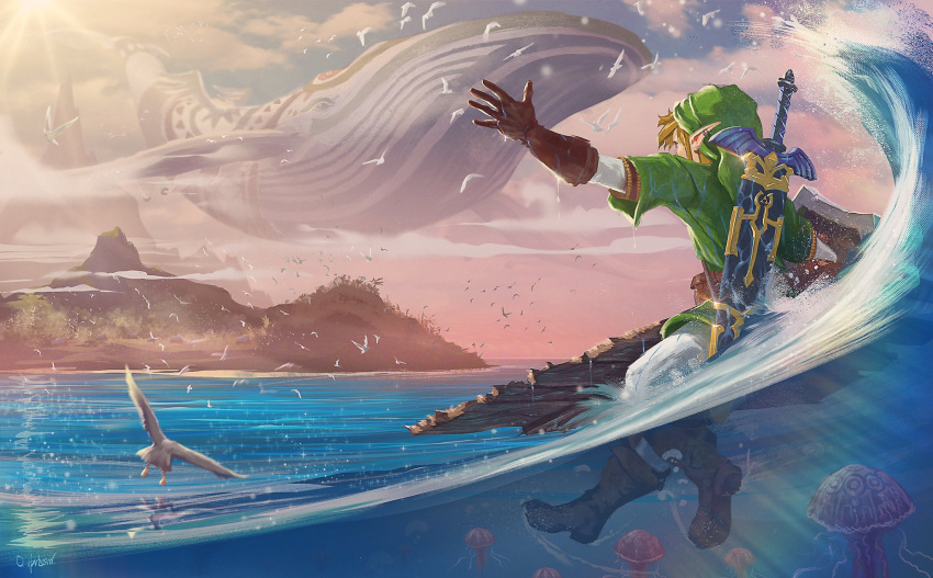 1boy bird brown_gloves commentary earrings english_commentary flying_whale from_behind gloves green_headwear hat highres jellyfish jewelry link master_sword ocean oliver_harbour pointy_ears raft seagull sheath sheathed shield signature solo_focus sword sword_behind_back the_legend_of_zelda the_legend_of_zelda:_link's_awakening tunic weapon wet_gloves wind_fish