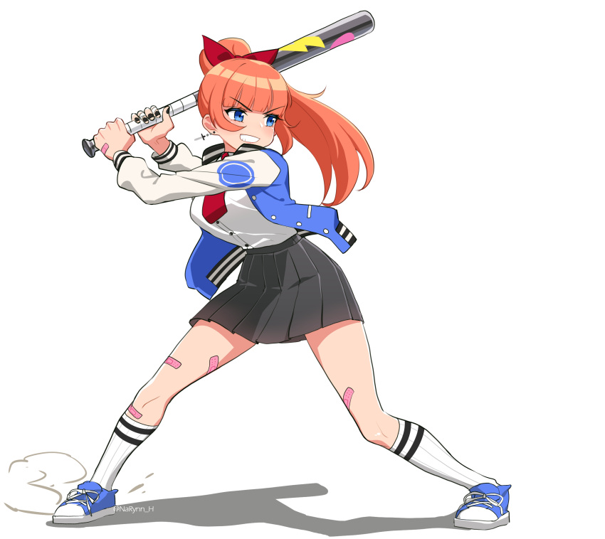 1girl :d bandaid bangs baseball_bat black_nails black_skirt blue_eyes blue_flower blue_jacket blunt_bangs commentary eyebrows_visible_through_hair flower full_body grin hair_ribbon high_ponytail highres holding jacket jewelry kneehighs kyoko_(kunio-kun) legs_apart long_hair long_sleeves nail_polish narynn necktie open_clothes open_jacket open_mouth orange_hair pleated_skirt red_neckwear red_ribbon ribbon river_city_girls shadow shirt shoes single_earring skirt smile sneakers solo standing teeth twitter_username v-shaped_eyebrows white_legwear white_shirt white_sleeves