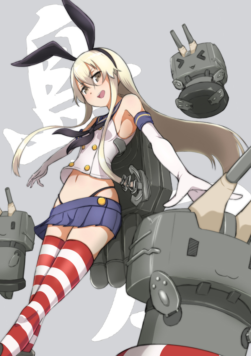 1girl :3 absurdres black_hairband blonde_hair blue_skirt brown_eyes buramen commentary_request elbow_gloves gloves grey_background hairband highres kantai_collection long_hair looking_at_viewer navel open_mouth plaid plaid_skirt rensouhou-chan shimakaze_(kantai_collection) skirt striped striped_legwear thigh-highs white_gloves