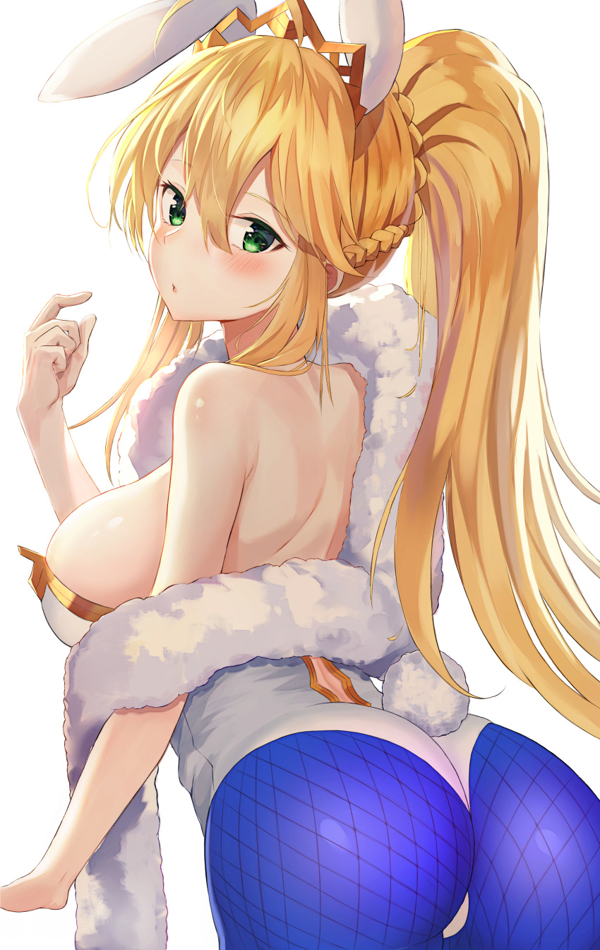 1girl absurdres ahoge albi animal_ears artoria_pendragon_(all) artoria_pendragon_(swimsuit_ruler)_(fate) ass bare_shoulders blonde_hair blue_legwear blush braid breasts bunny_tail bunnysuit closed_mouth fake_animal_ears fake_tail fate/grand_order fate_(series) fishnet_pantyhose fishnets french_braid from_behind fur greyscale highres large_breasts leaning_forward leotard long_hair looking_at_viewer looking_back monochrome pantyhose pointing pointing_at_self ponytail rabbit_ears shawl sideboob simple_background solo strapless strapless_leotard tail very_long_hair white_background white_leotard