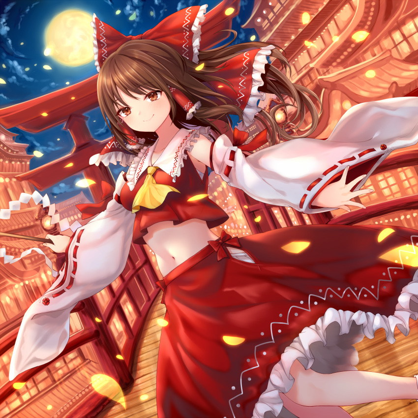 1girl architecture ascot bare_shoulders bow bridge brown_hair building closed_mouth clouds commentary_request crop_top crop_top_overhang detached_sleeves dutch_angle east_asian_architecture frilled_shirt_collar frilled_skirt frills full_moon gohei hair_bow hakurei_reimu highres holding long_hair long_skirt long_sleeves looking_at_viewer midriff moon navel night night_sky outdoors outstretched_arms petals red_bow red_eyes red_shirt red_skirt ribbon-trimmed_sleeves ribbon_trim shirt skirt sky smile socks solo standing sukemyon torii touhou wide_sleeves