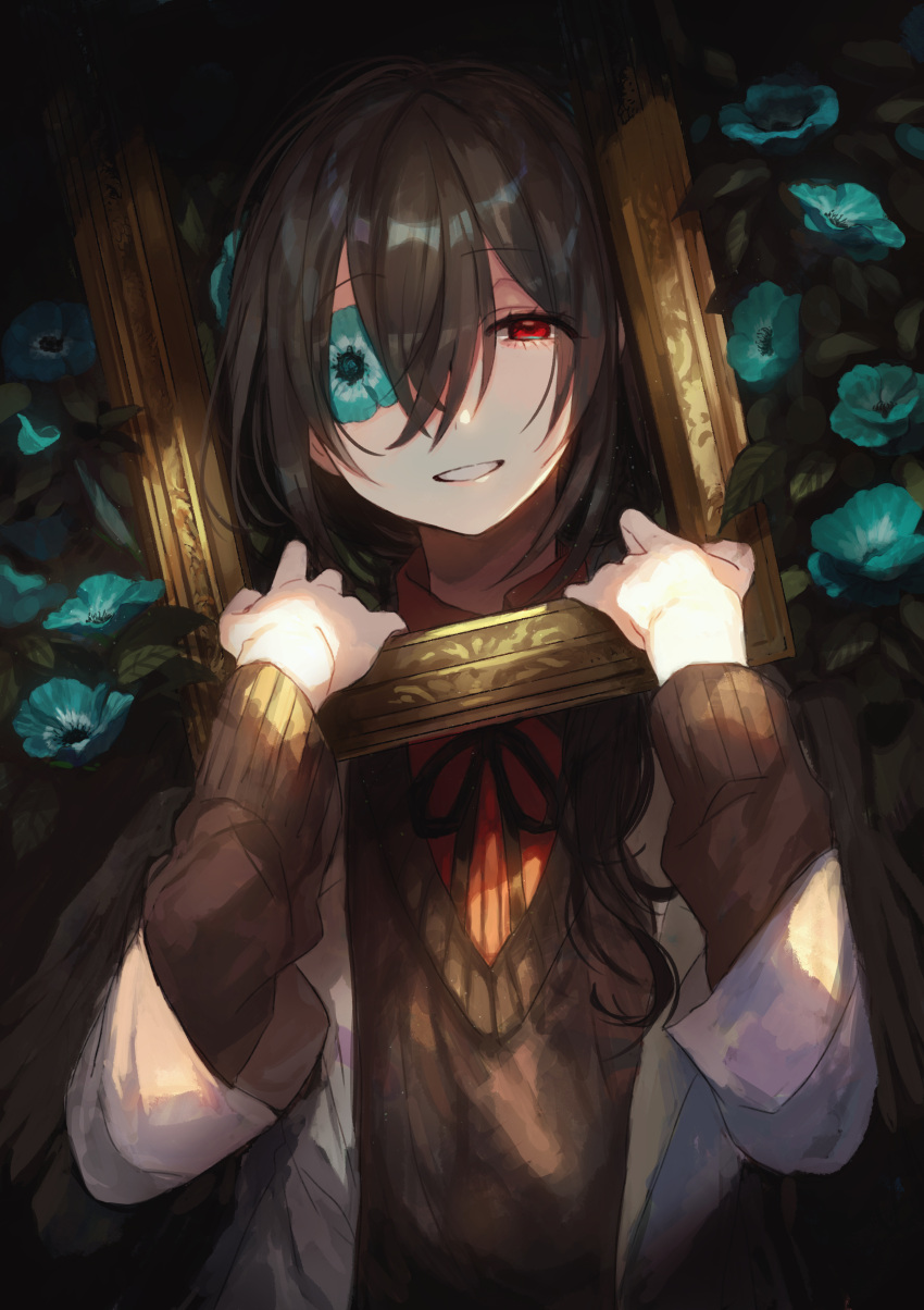 1boy absurdres bishounen black_background black_hair black_ribbon blue_flower brown_sweater camellia canarinu covered_eye dot_nose eyebrows_visible_through_hair eyelashes eyes_visible_through_hair flower flower_over_eye frame hair_between_eyes half-closed_eyes highres holding holding_frame leaf light_particles light_smile long_hair long_sleeves looking_at_viewer male_focus original pale_skin parted_lips red_eyes ribbon shiny shiny_hair simple_background smile sweater sweater_vest symbol_in_eye upper_body vest