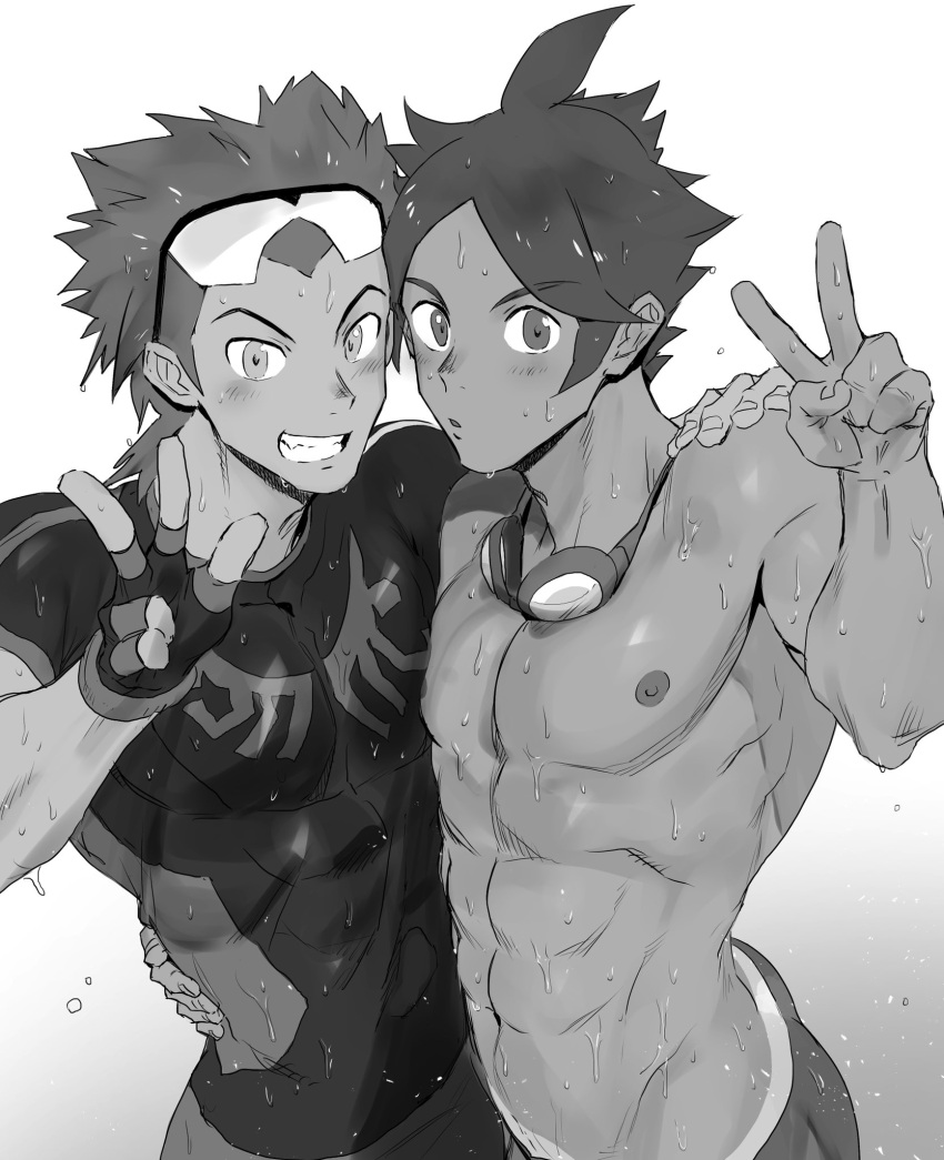 2boys abs goggles goggles_around_neck gym_leader haiki_(tegusu) highres hug looking_at_viewer male_focus multiple_boys open_mouth pokemon pokemon_(game) pokemon_bw2 pokemon_oras shizui_(pokemon) simple_background skin_tight smile sweat tan tanline touki_(pokemon) v waist_hug white_background