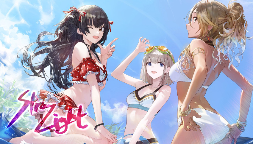 armlet ass back bangs bare_shoulders bikini black_eyes black_hair blonde_hair blue_eyes blue_sky blunt_bangs blush bracelet breasts brown_eyes brown_hair closed_mouth collarbone dark_skin earrings goggles goggles_on_head gradient_hair grey_hair gyaru highres idolmaster idolmaster_shiny_colors izumi_mei jewelry large_breasts long_hair looking_at_viewer looking_back mayuzumi_fuyuko medium_breasts miniskirt mossi multicolored_hair ocean one_eye_closed open_mouth ponytail red_skirt red_swimsuit serizawa_asahi short_hair skirt sky smile sunlight swimsuit thighs two_side_up white_bikini