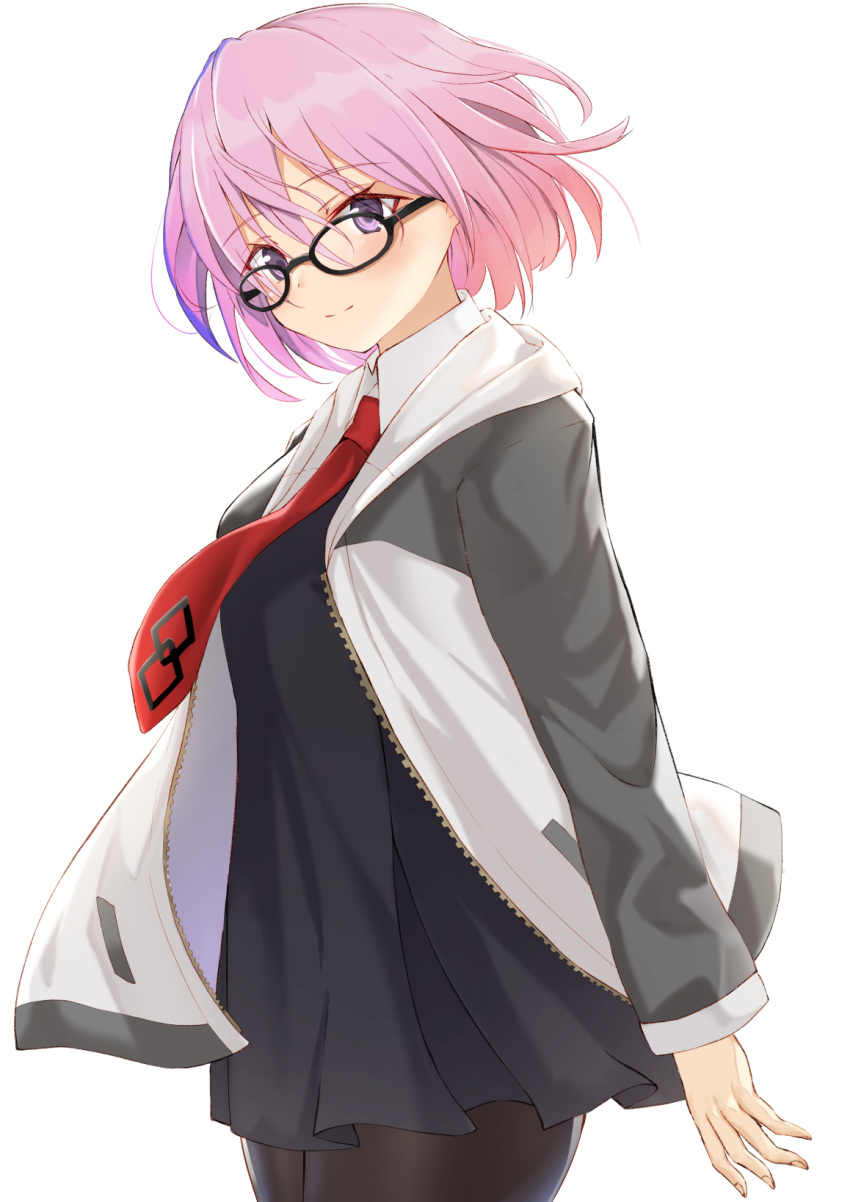 1girl bangs black-framed_eyewear black_dress brown_legwear closed_mouth collared_dress commentary_request dress eyebrows_visible_through_hair fate/grand_order fate_(series) glasses hair_between_eyes highres hikashou jacket long_sleeves mash_kyrielight necktie open_clothes open_jacket pantyhose pink_hair red_neckwear simple_background smile solo violet_eyes white_background white_jacket