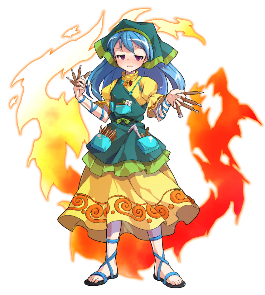 1girl :d alphes_(style) apron arm_ribbon between_fingers blue_hair blue_ribbon chisel commentary_request dairi dress eyebrows_visible_through_hair fire flower full_body green_apron haniyasushin_keiki head_scarf highres jewelry long_hair looking_at_viewer magatama magatama_necklace necklace open_mouth parody pocket puffy_short_sleeves puffy_sleeves revision ribbon sandals short_sleeves smile solo standing style_parody tachi-e tools touhou transparent_background violet_eyes yellow_dress