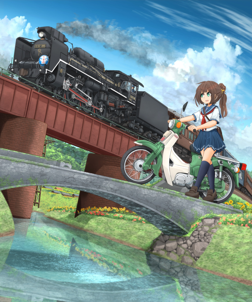 1girl 1other absurdres bag black_footwear blouse blue_sky bridge brown_hair carrying clouds cloudy_sky commentary_request daisy day dutch_angle eyebrows_visible_through_hair flower green_eyes ground_vehicle hair_ribbon highres honda kneehighs loafers locomotive mikeran_(mikelan) miniskirt motor_vehicle motorcycle navy_blue_legwear navy_blue_skirt necktie open_mouth orange_ribbon original outdoors partial_commentary pleated_skirt ponytail print_skirt red_neckwear reflection ribbon river satchel school_uniform serafuku shoes short_sleeves single_horizontal_stripe skirt sky smile smoke standing steam_locomotive summer train utility_pole wallpaper white_blouse