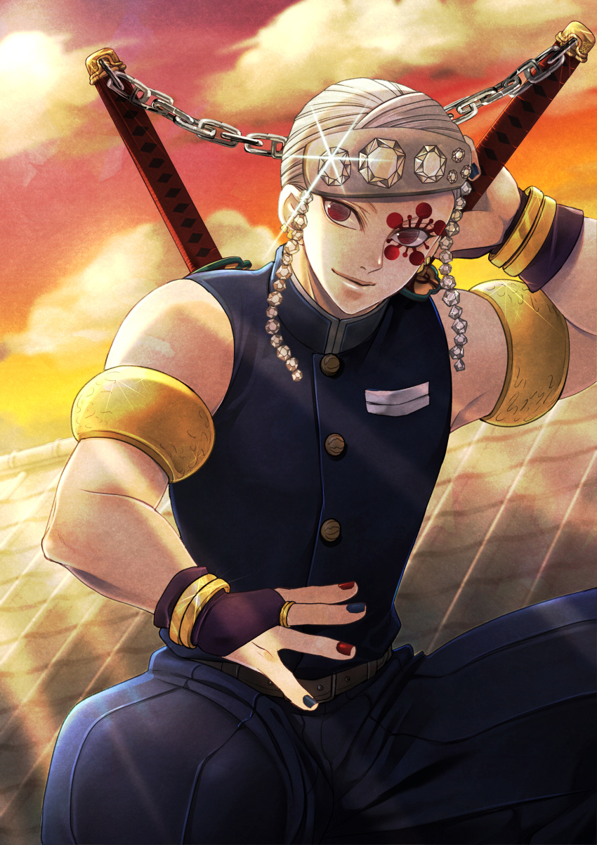 1boy absurdres armlet bracelet bridal_gauntlets clouds cowboy_shot facial_mark gem headband highres holding jewelry kimetsu_no_yaiba lips looking_at_viewer male_focus muscle nail_polish red_eyes ring rooftop seef silver_hair smile solo uzui_tengen