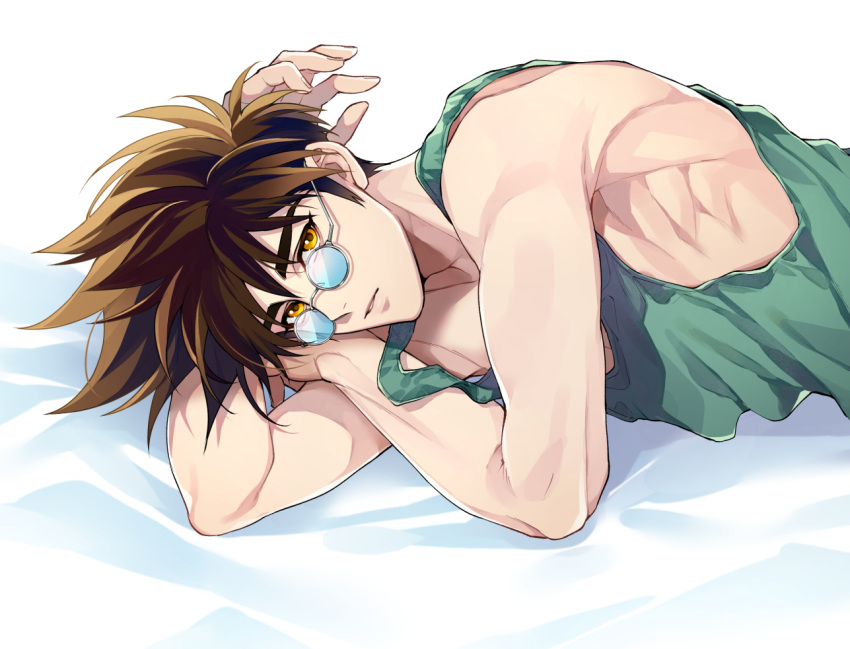 1boy armpits brown_hair green_shirt looking_at_viewer lying macross macross_7 male_focus mayuki_(ubiquitous) nekki_basara on_side shirt short_hair solo sunglasses yellow_eyes