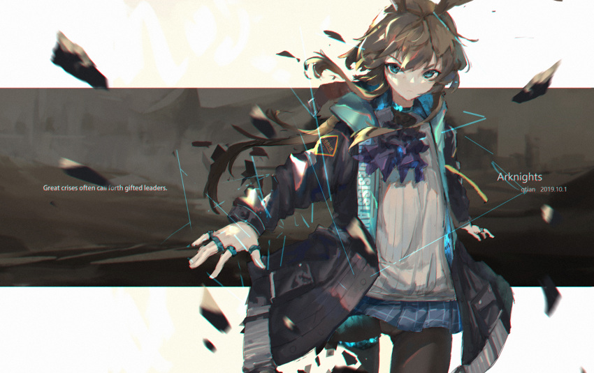 1girl 2019 absurdres amiya_(arknights) animal_ears arknights artist_name ascot bangs black_jacket black_legwear blue_eyes blue_neckwear blue_skirt blurry blurry_background brown_hair choker closed_mouth commentary cowboy_shot english_text frilled_ascot frills hair_between_eyes highres jacket lm520lm520 long_hair looking_at_viewer miniskirt open_clothes open_jacket panties panties_under_pantyhose pantyhose rabbit_ears shirt sidelocks skirt solo underwear white_shirt