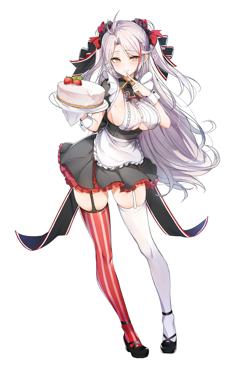 1girl antenna_hair apron azur_lane bangs black_dress blush breasts cake closed_mouth dress food fruit full_body garter_straps highres iron_cross large_breasts long_hair looking_at_viewer luse_maonang mismatched_legwear mole mole_on_breast multicolored_hair prinz_eugen_(azur_lane) red_legwear sideboob silver_hair simple_background smile solo strawberry streaked_hair striped striped_legwear thigh-highs two_side_up waist_apron white_background white_legwear wrist_cuffs yellow_eyes