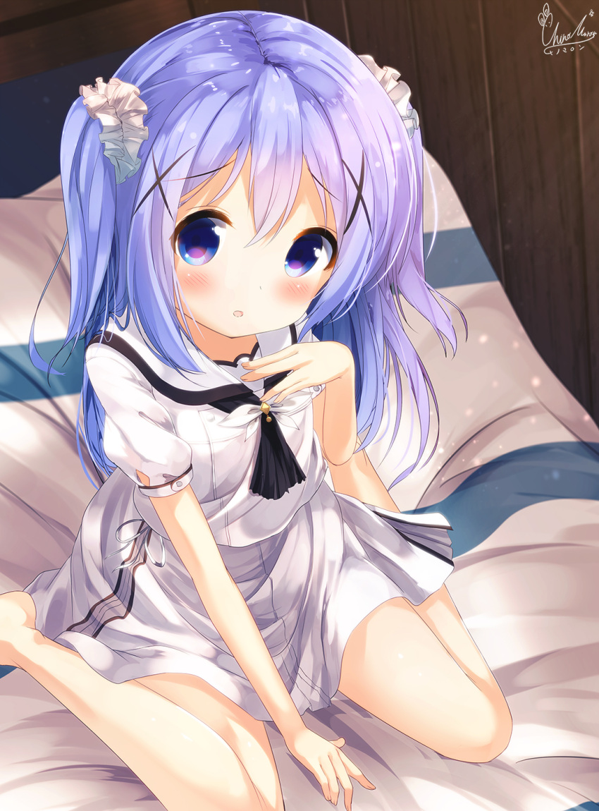 1girl :o bangs barefoot bed between_legs black_neckwear blue_eyes blue_hair blush chinomaron commentary_request eyebrows_visible_through_hair gochuumon_wa_usagi_desu_ka? gradient_hair hair_between_eyes hair_ornament hair_scrunchie hand_between_legs highres indoors kafuu_chino long_hair looking_at_viewer multicolored_hair on_bed parted_lips puffy_short_sleeves puffy_sleeves purple_hair sailor_collar school_uniform scrunchie serafuku short_sleeves signature sitting skirt solo two_side_up very_long_hair wariza white_sailor_collar white_scrunchie white_serafuku white_skirt wooden_wall x_hair_ornament