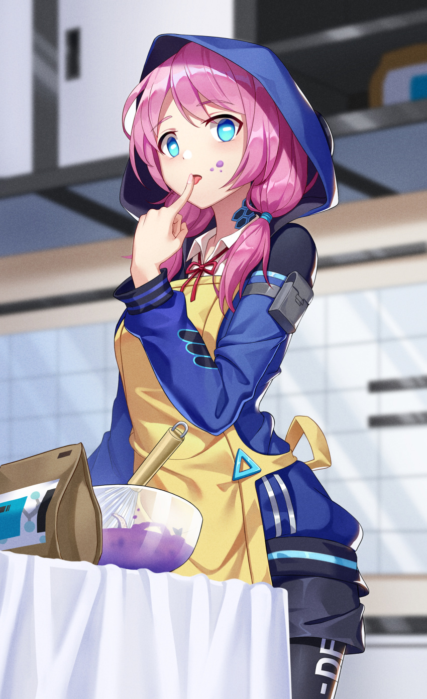 1girl absurdres apron arknights bangs black_legwear blue_eyes blue_jacket blue_poison_(arknights) blurry blurry_background bowl cabinet commentary cowboy_shot du_mogu eyebrows_visible_through_hair finger_licking hand_up highres hood index_finger_raised indoors jacket licking long_hair long_sleeves looking_at_viewer low_twintails mixing_bowl neck_ribbon pantyhose pink_hair red_neckwear red_ribbon ribbon shirt solo standing table tongue tongue_out twintails white_shirt wing_collar yellow_apron