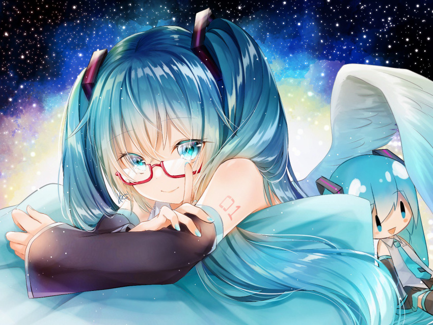 1girl aqua_eyes aqua_hair aqua_pillow bare_shoulders black_skirt black_sleeves blush_stickers character_doll commentary crossed_arms detached_sleeves feathered_wings glasses hair_ornament hatsune_miku highres index_finger_raised long_hair looking_at_viewer lying night night_sky nuko_0108 on_stomach open_mouth pillow red-framed_eyewear see-through see-through_sleeves semi-rimless_eyewear shirt shoulder_tattoo skirt sky sleeveless sleeveless_shirt smile solo star_(sky) starry_sky tattoo thigh-highs twintails upper_body very_long_hair vocaloid wings