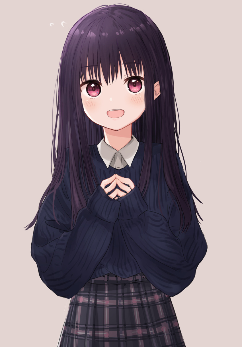 1girl :d absurdres bangs blue_sweater blush collared_shirt cowboy_shot highres long_hair long_sleeves looking_at_viewer open_mouth original own_hands_together plaid plaid_skirt red_eyes shirt shirt_tucked_in simple_background skirt sleeves_past_wrists smile solo standing sweatdrop sweater teeth white_shirt zuima