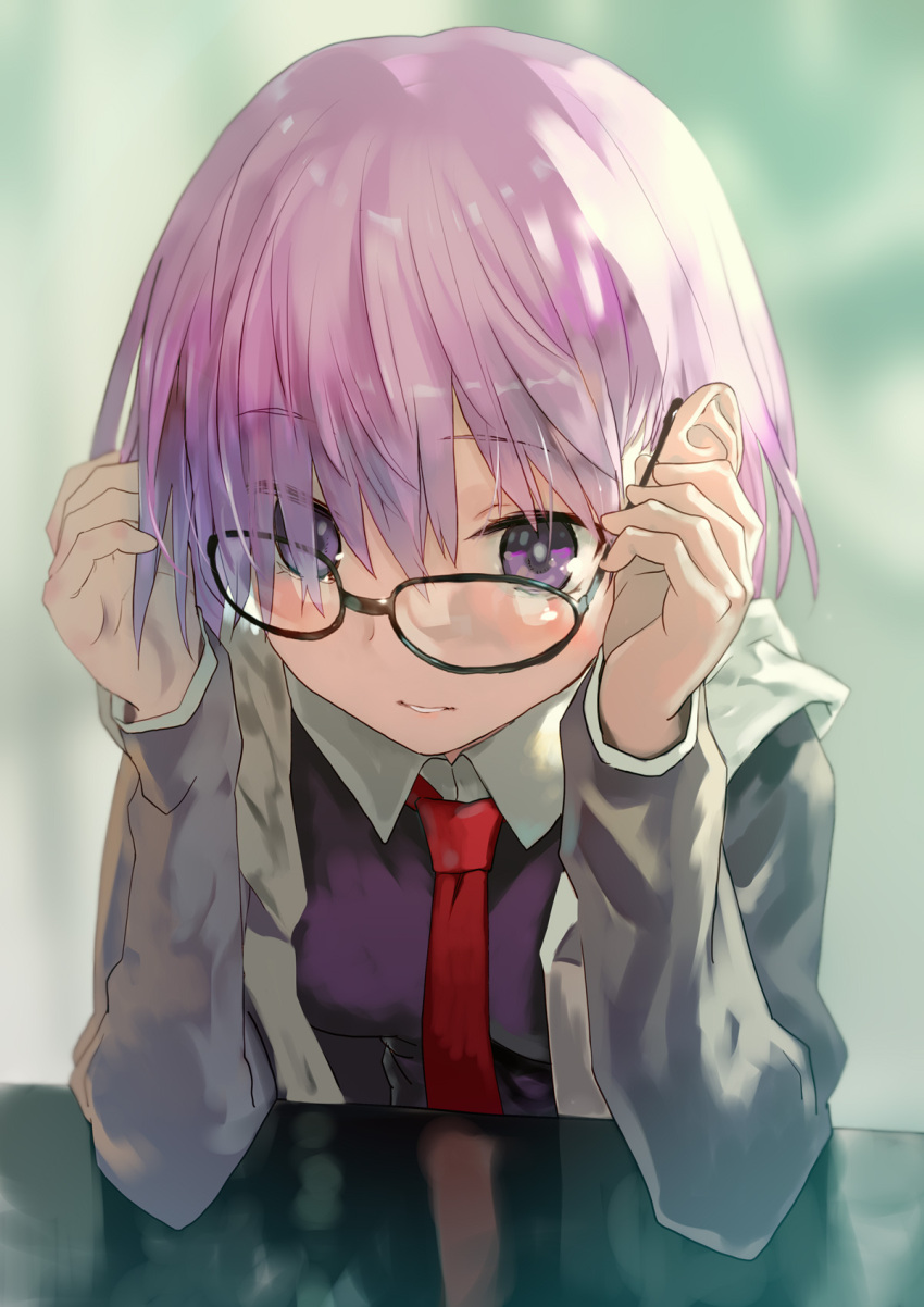 1girl black-framed_eyewear bob_(biyonbiyon) breasts commentary_request fate/grand_order fate_(series) glasses grey_jacket hands_up highres jacket lavender_hair long_sleeves looking_at_viewer mash_kyrielight medium_breasts necktie open_clothes open_jacket parted_lips purple_shirt red_neckwear shirt short_hair solo table violet_eyes wing_collar